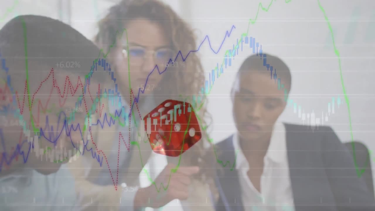 animación de personas de negocios sobre dados y procesamiento de datos financieros