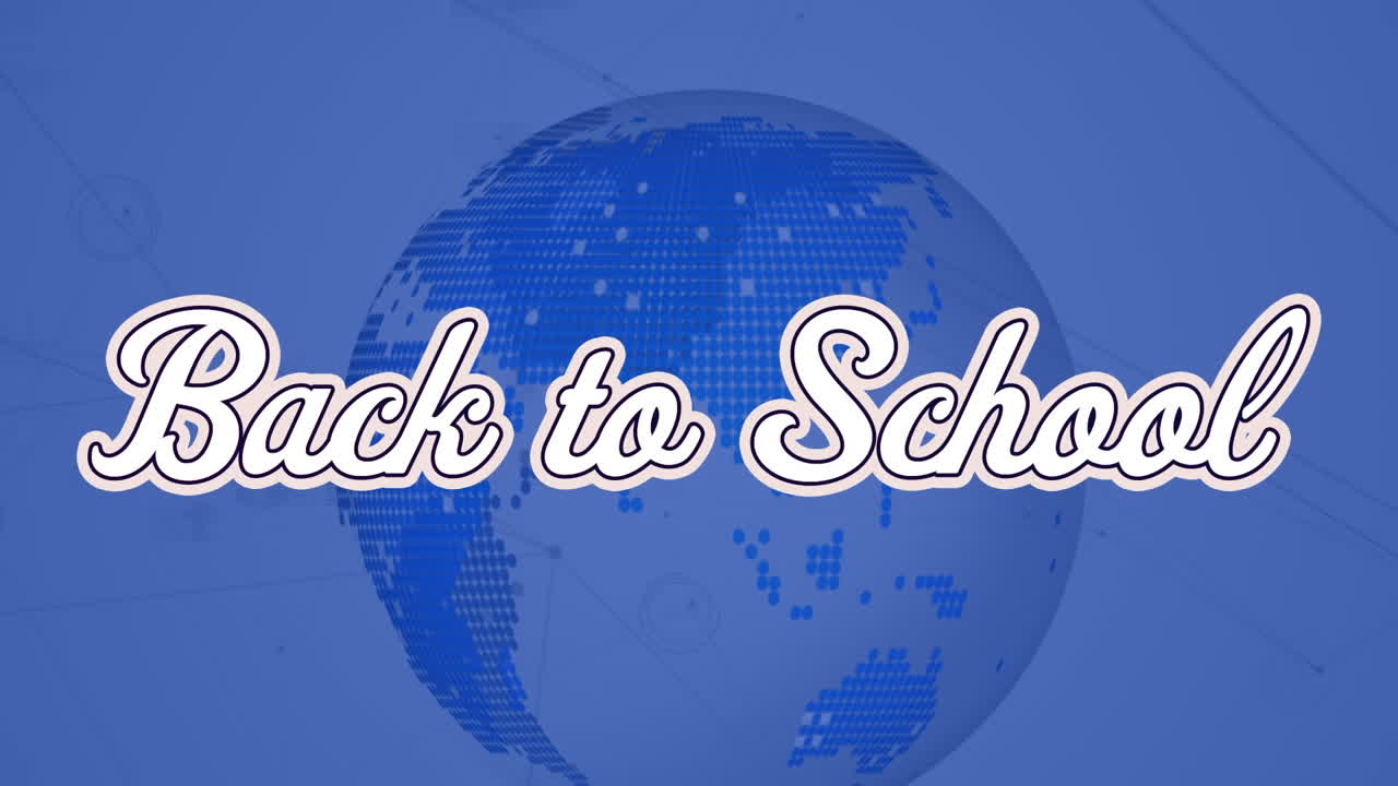 파란색 지구와 파란색 배경에 있는 학교 복귀 텍스트의 애니메이션