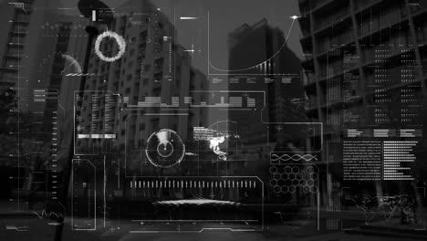 Animation-Von-Globus,-Radar,-Ladekreisen,-DNA-Helix-Und-Balken-Vor-Dem-Gebäude-Im-Hintergrund
