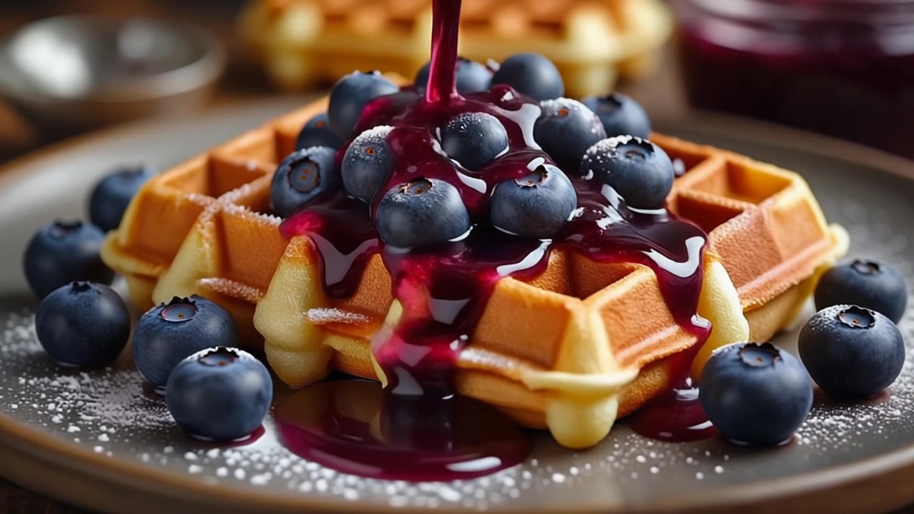 Sciroppo di mirtilli versato su waffle freschi su un piatto