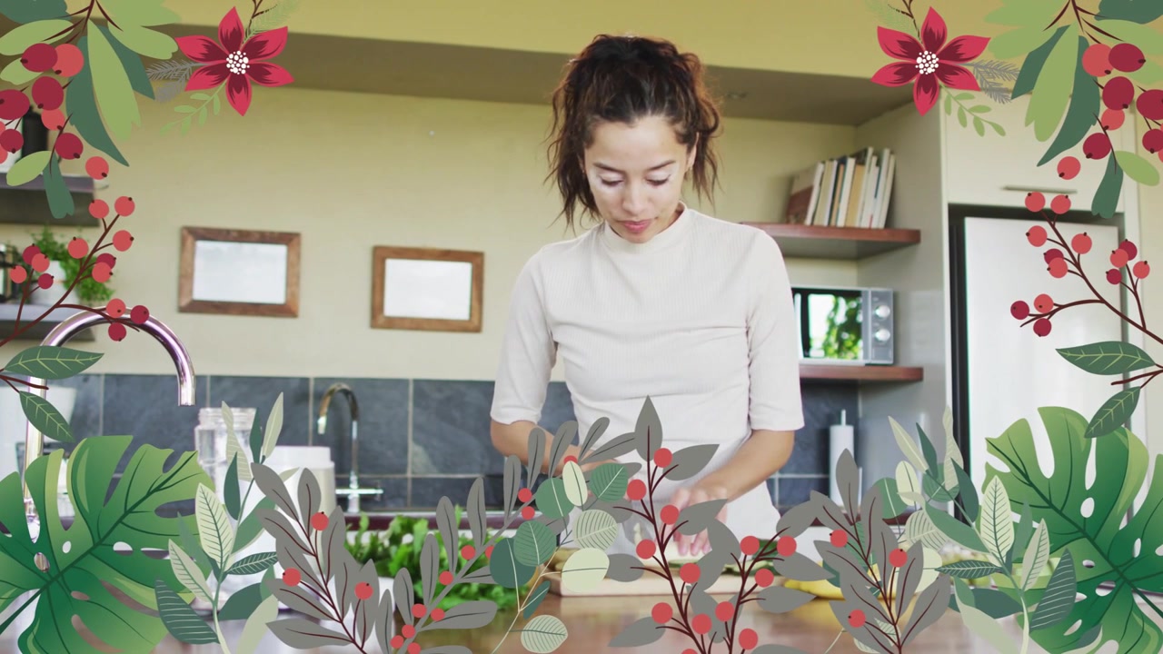 Woman arranging produce, slicing lemon on board, floral overlay framing kitchen, prepping meal