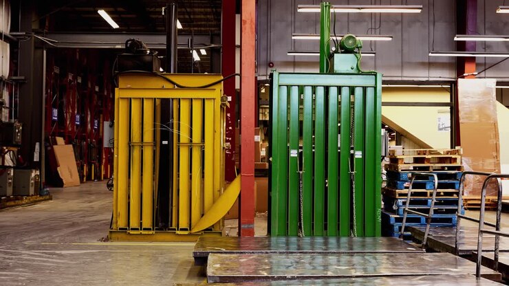 Due grandi presse industriali gialle e verdi per il riciclo di cartone e rifiuti all'interno di un centro di distribuzione di una fabbrica.