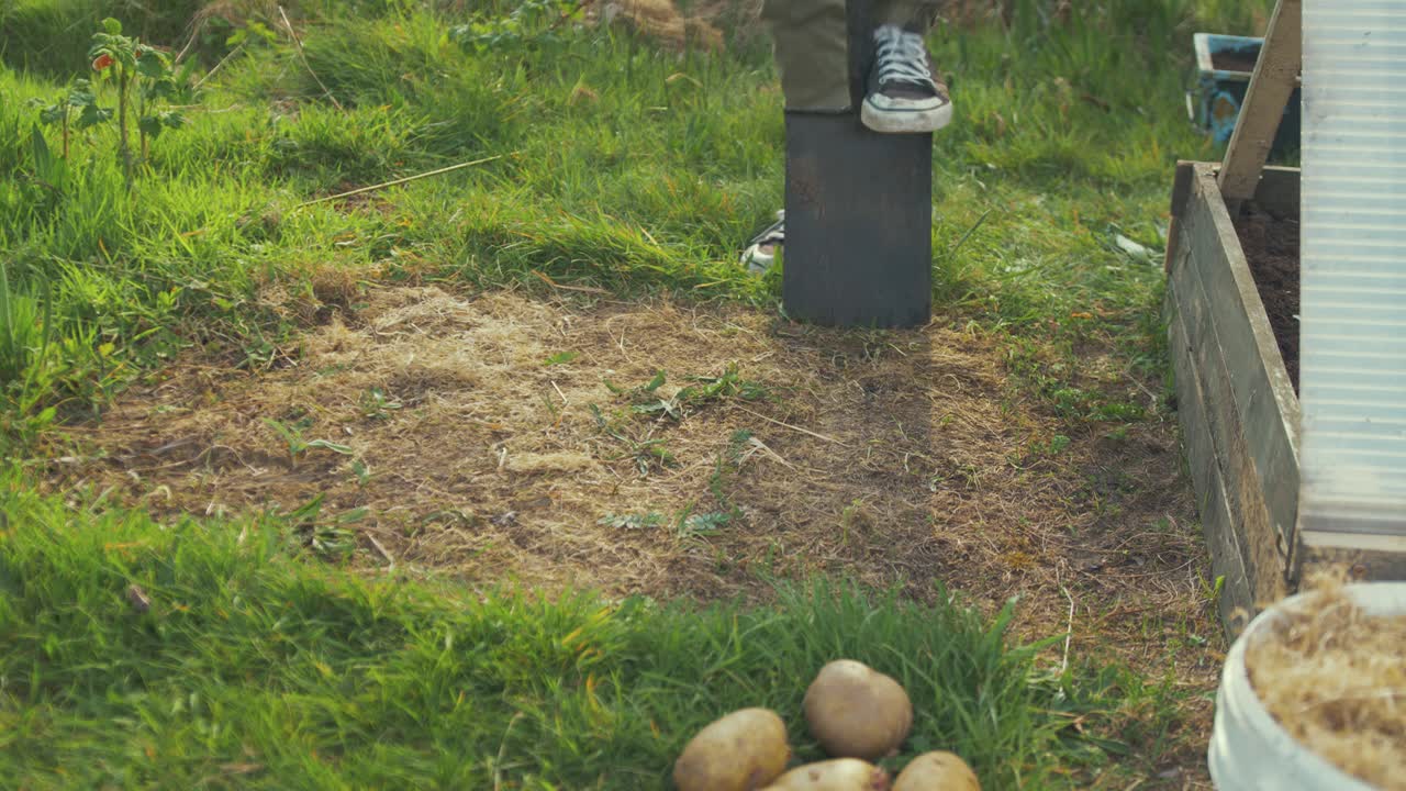 joven cavando tierra vegetal para plantar papas a mitad de camino