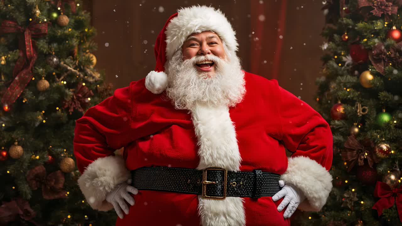 Babbo Natale sorridente che cambia espressione mentre inizia a nevicare su un set con alberi per uno scatto a tema natalizio