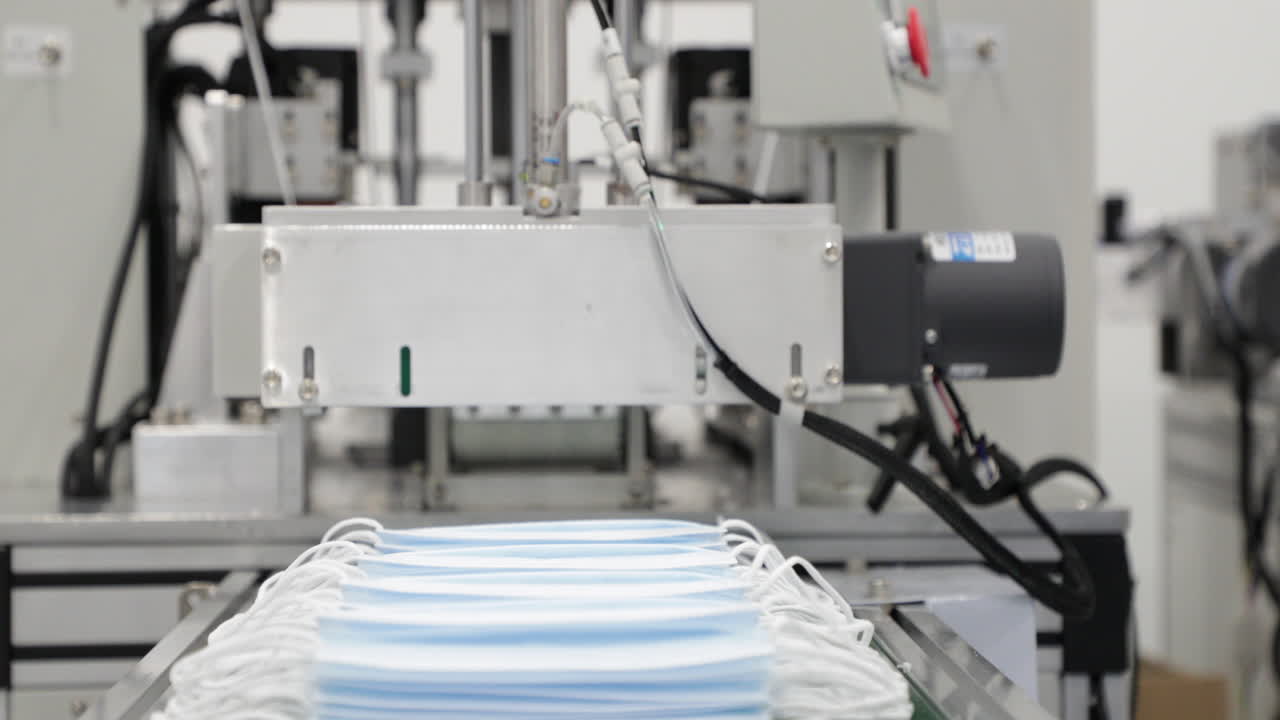 el trabajador recoge la mascarilla quirúrgica desechable que sale de la máquina automática para fabricar mascarillas y la lleva al transportador.