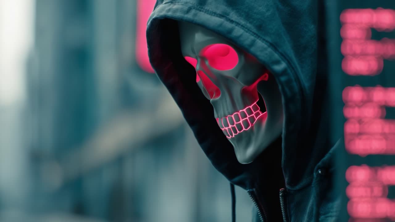 A Mysterious Figure Shrouded in Darkness, Wearing a Hoodie with a Glowing Skull Mask, Evokes an Eerie Atmosphere of Intrigue and Suspense in a Futuristic Urban Setting