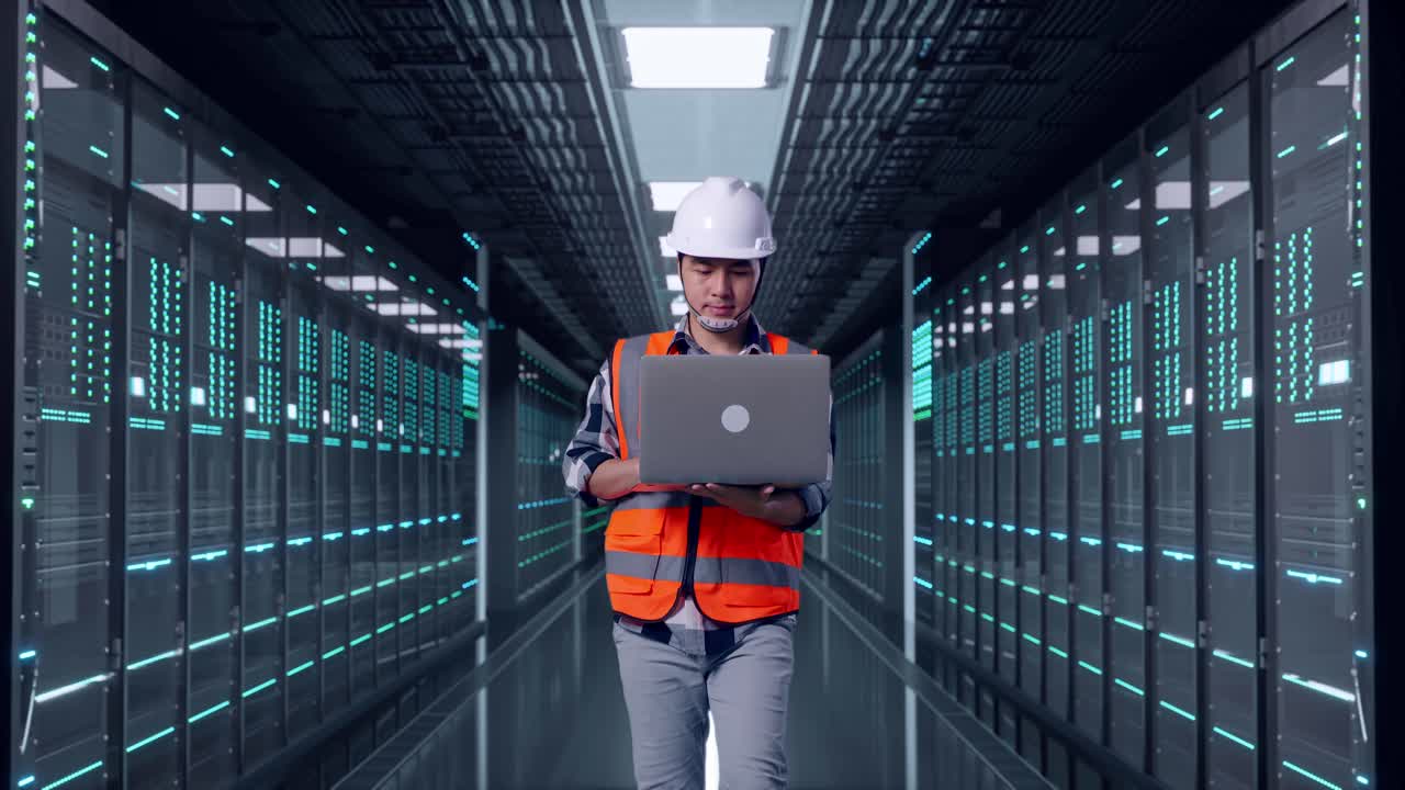Front View of Asian Male Engineer Use Computer While Walking in Server Room Data Center