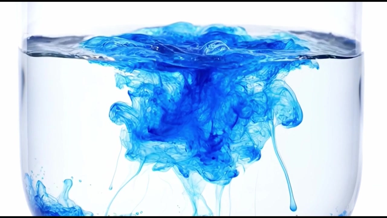 Inchiostro blu che cade e si dissolve in acqua limpida