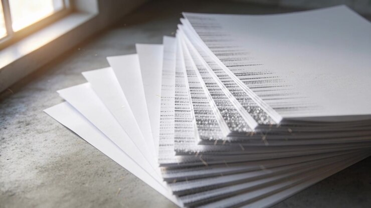 Shifting camera showing fanning stack of white paper on stone table by window, showing layers