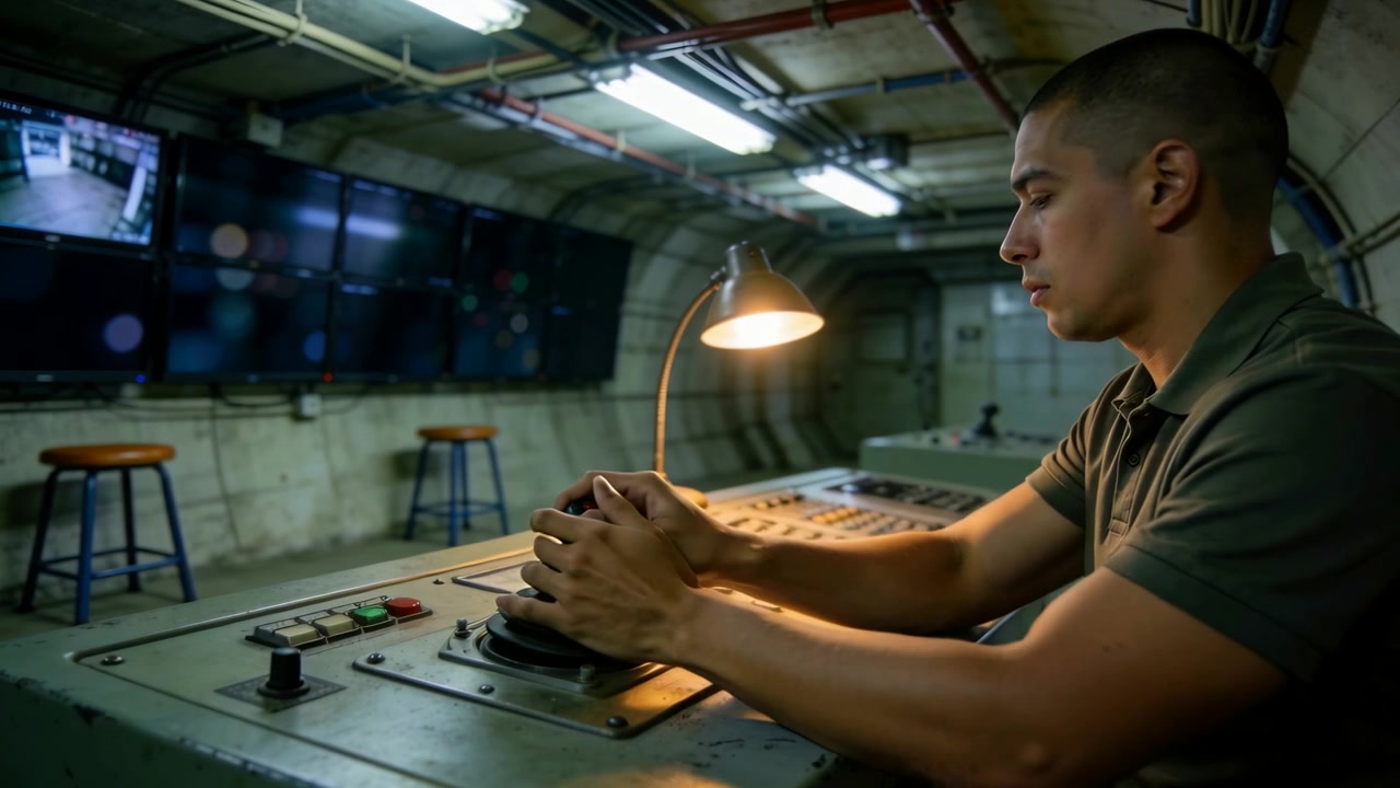 Reacting to monitor alert, olive polo tech gripping joystick, pressing buttons in bunker