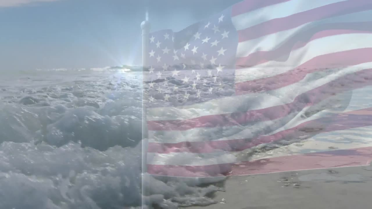 animación de la bandera de los estados unidos ondeando sobre el paisaje marino