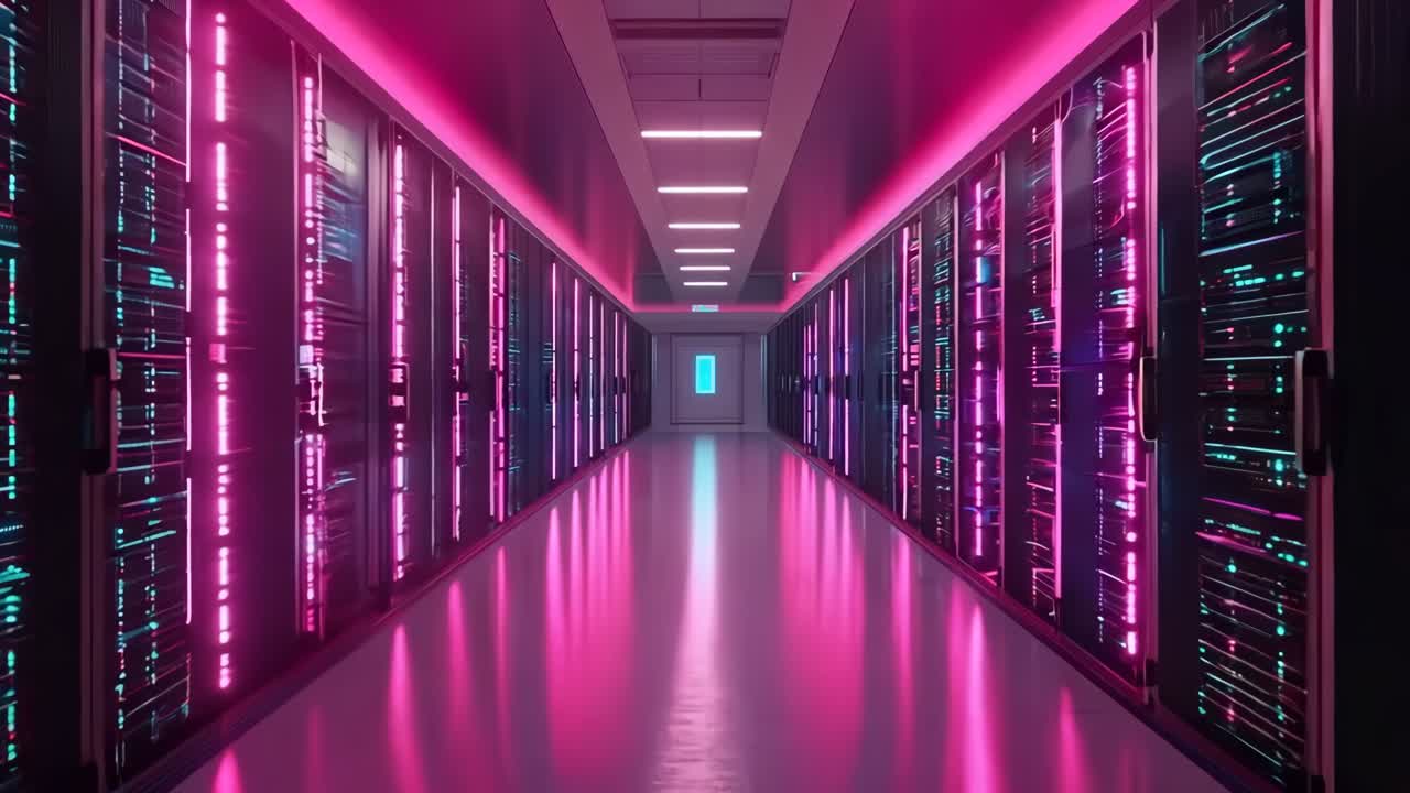 Un largo pasillo con filas de servidores en un centro de datos.