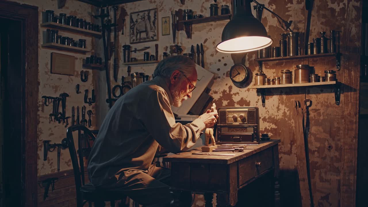 Una scena vintage di un laboratorio con un uomo che lavora a una scrivania, ripresa da un angolo laterale