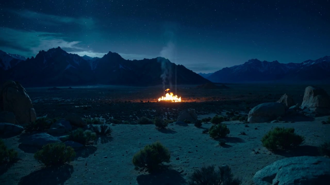 Burning distant blaze flickering and sending smoke into night valley, with foreground boulders