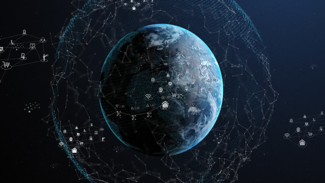 Animation of network of connections and digital icons over spinning globe against blue background