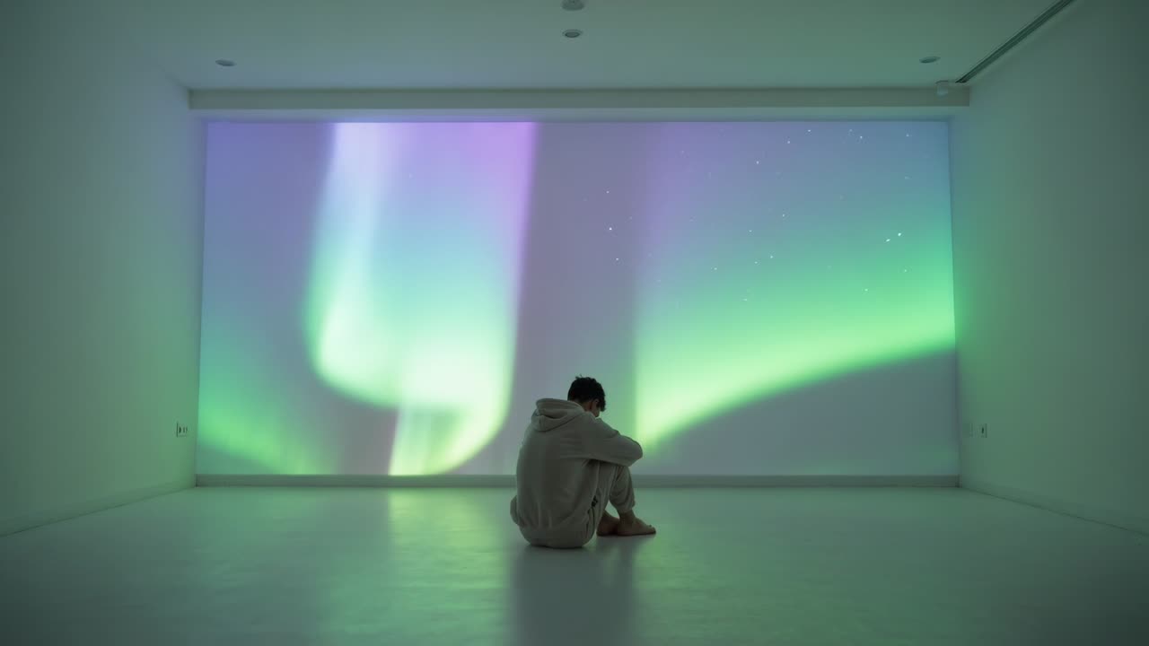 Sitting adult male wearing hoodie watching shifting green-purple projection moving across gallery