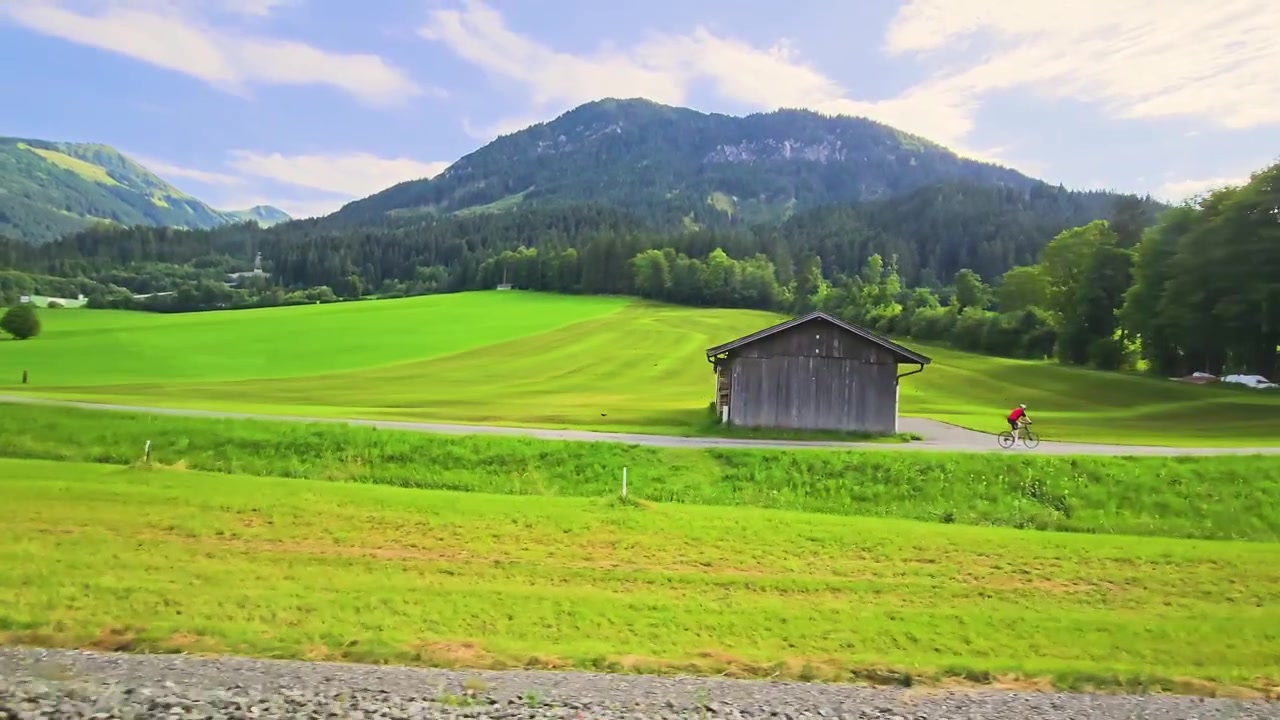Paesaggio estivo da un treno in movimento, con pascoli verdi, piccole fattorie, villaggi di montagna e colline ricoperte di pini sotto un limpido cielo alpino, per riprese di turismo estivo.