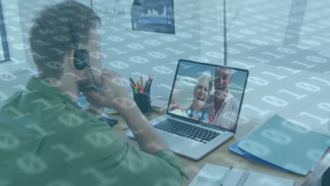 Animation of binary coding numbers changing over man using laptop on video call in background