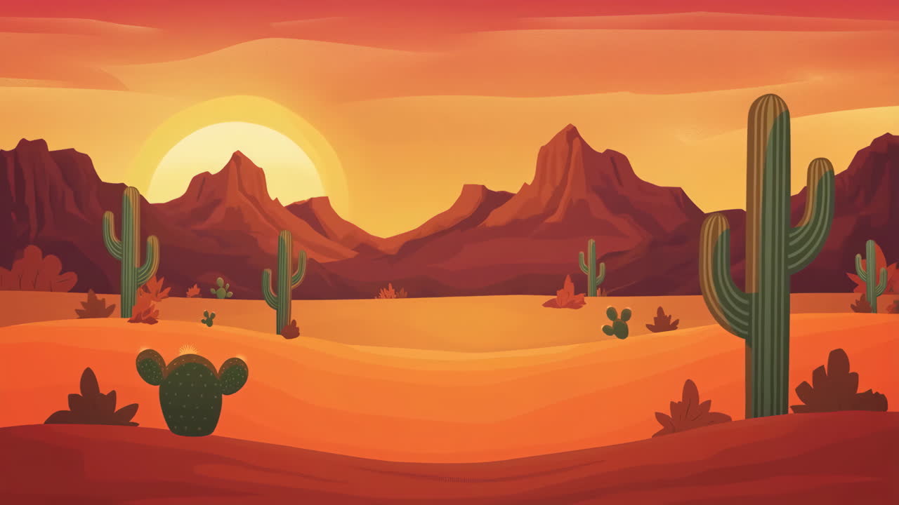 Desert Landscape with Cacti at Sunset | Premium Stock Video Footage