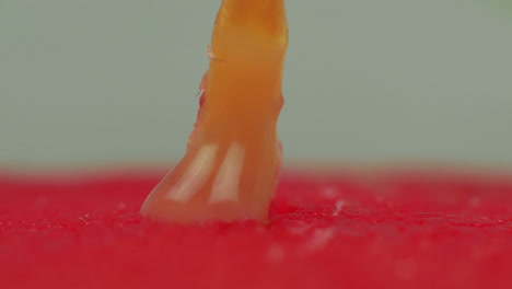 un primerísimo plano de estudio de cera derritiéndose mecha en cera de vela roja