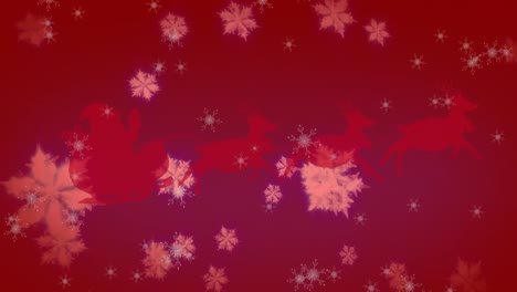 Animation-of-santa-claus-in-sleigh-with-reindeer-moving-over-falling-snow