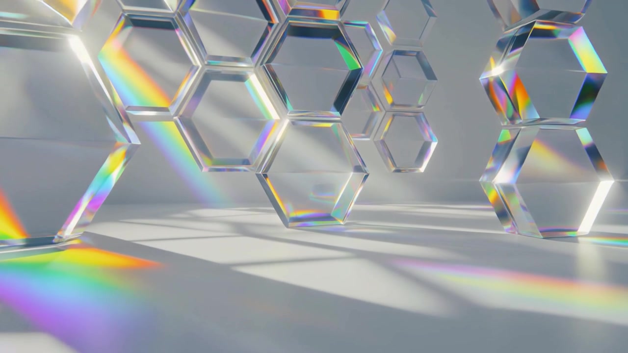 Hexágonos de Vidro Abstratos com Refrações de Luz de Arco-Íris