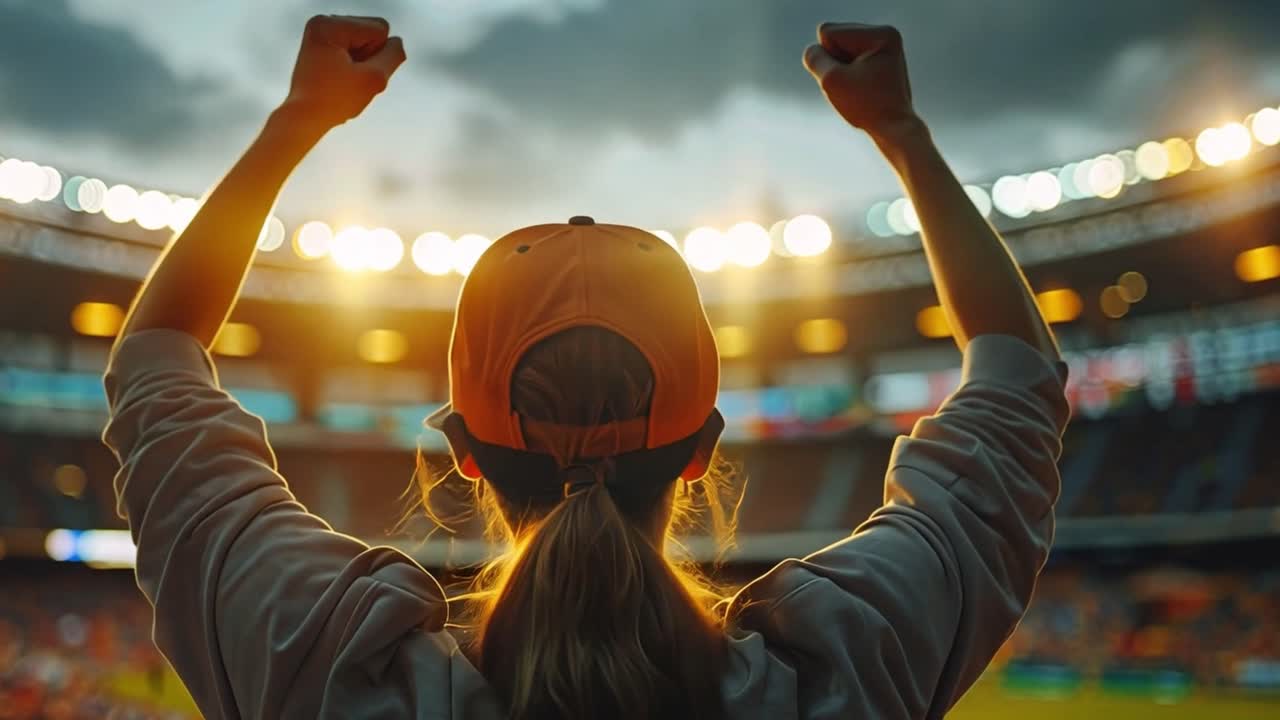 Excited fan with arms raised celebrating at a stadium