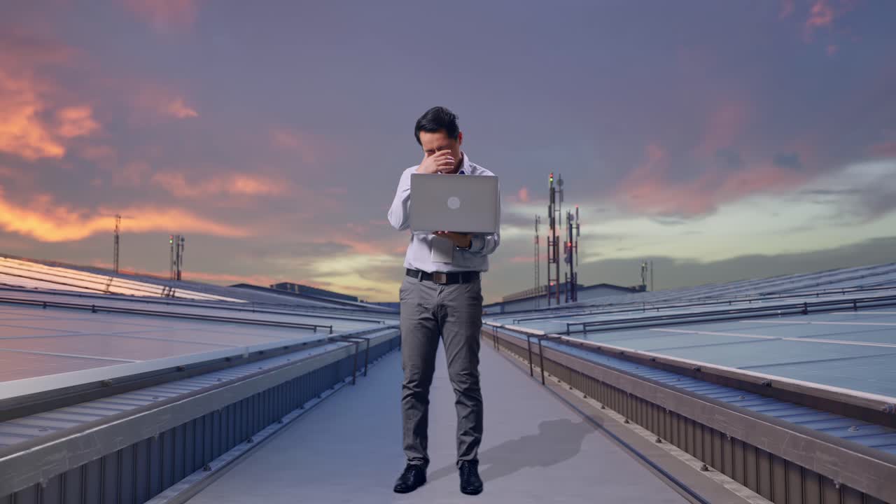 Hele lichaam van een Aziatische professionele medewerker die met zijn laptop staat en industriële dakzonnepanelen inspecteert. Hij knikt teleurgesteld met zijn hoofd.
