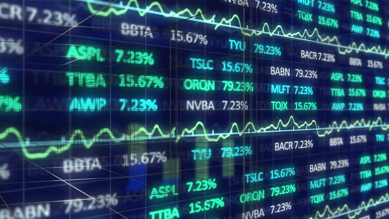 Stock market data and graphs animation over financial trading screen