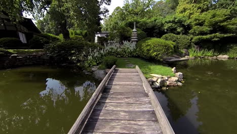 toma de steadicam cruza el puente peatonal del estanque hasta la pagoda de piedra, las flores y la linterna japonesa