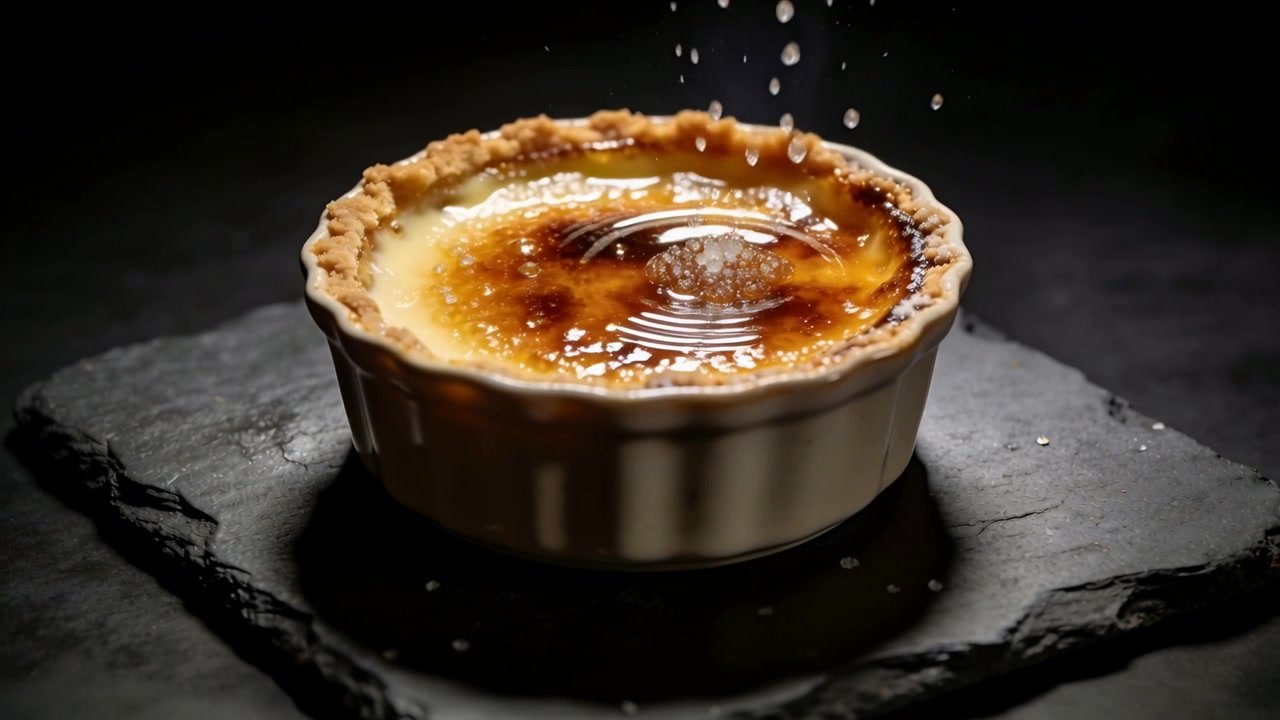 Falling granules striking creme brulee in white fluted ramekin on slate in studio, creating ripples