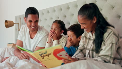 book, parents and children laughing in bedroom