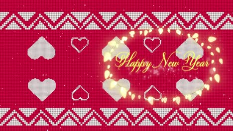 happy new year text and fairy lights against snow falling over red traditional christmas pattern