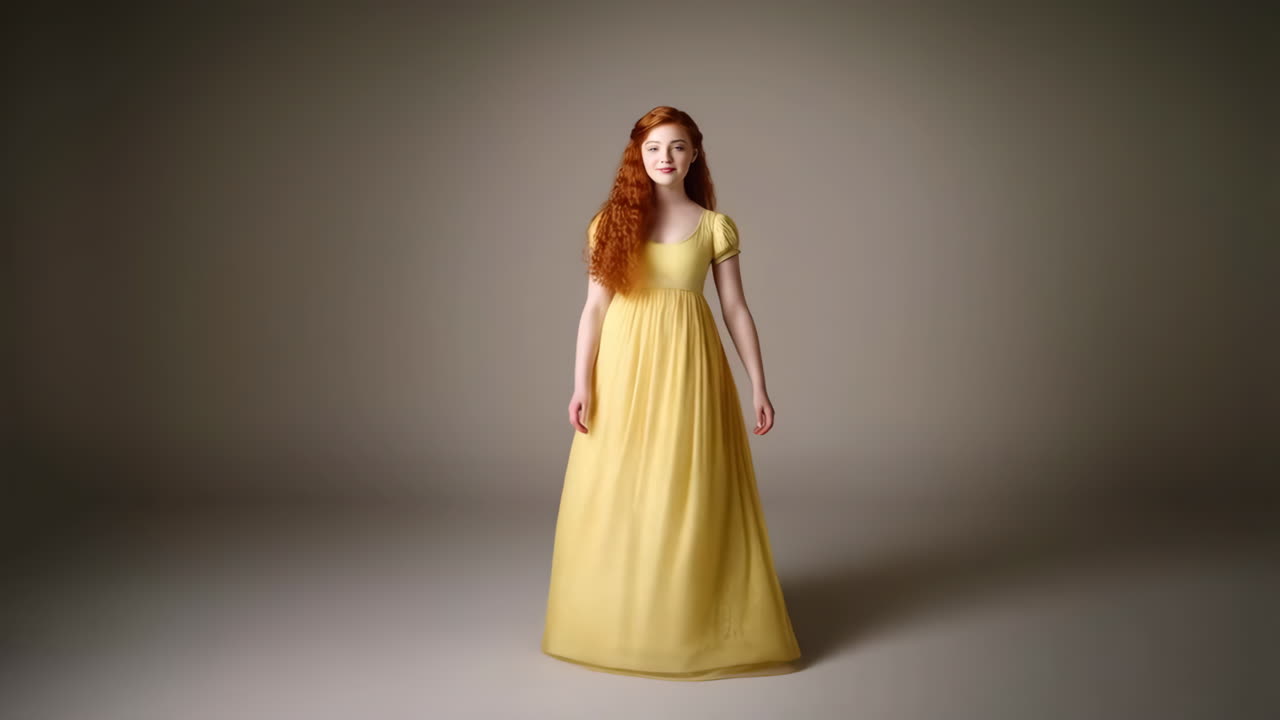A woman with red hair in a yellow period dress standing in a studio