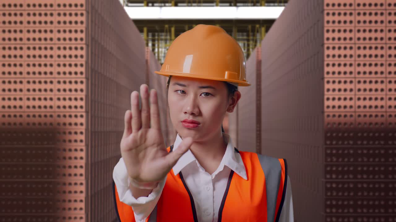 Close Up Of Asian Female Engineer With Safety Helmet Disapproving With No Hand Sign While Standing With Red Brick Packed in Stacks Are Stored