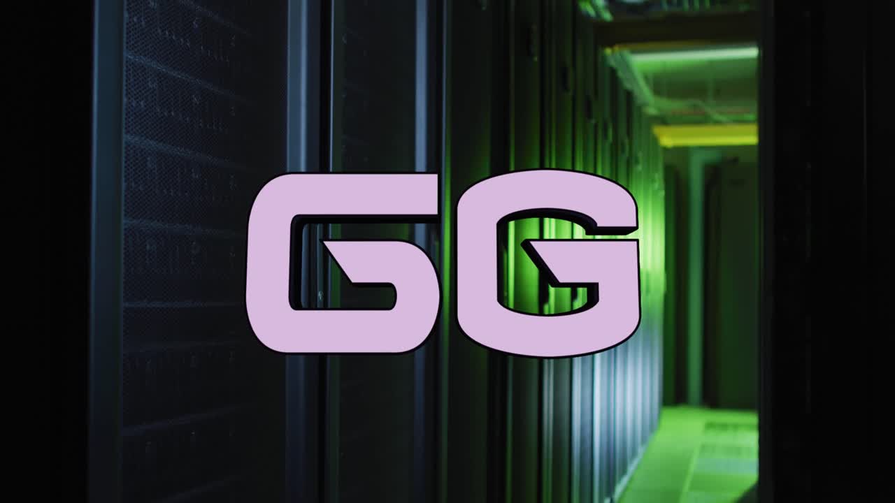 animación de un banner de texto de 6g contra una sala de servidores de computadora vacía