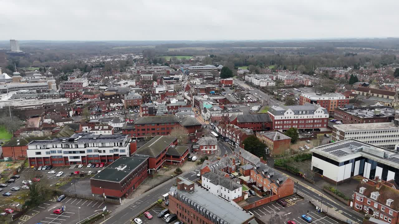 Basingstoke town centre England pull back drone aerial reverse reveal