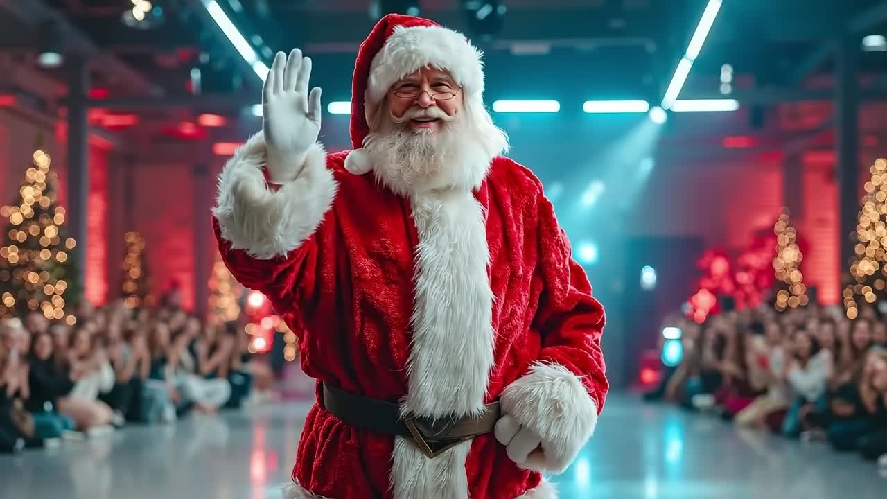 A man dressed as Santa Claus waving to the crowd