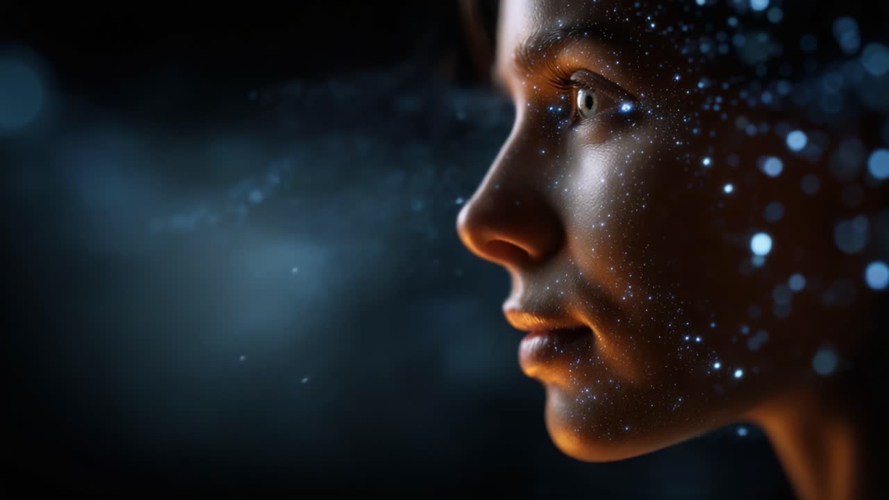 Un profil captivant d’une figure éthérée entourée d’une aura cosmique scintillante, symbolisant le lien entre la conscience humaine et l’univers