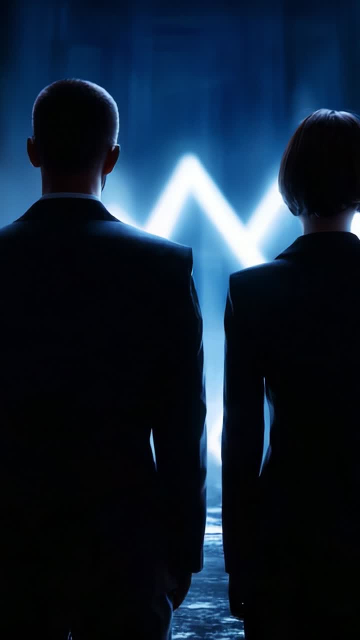 Mysterious Figures in Suits Standing Before a Glowing Blue Background, Engaged in Focused Observation of an Abstract Light Display