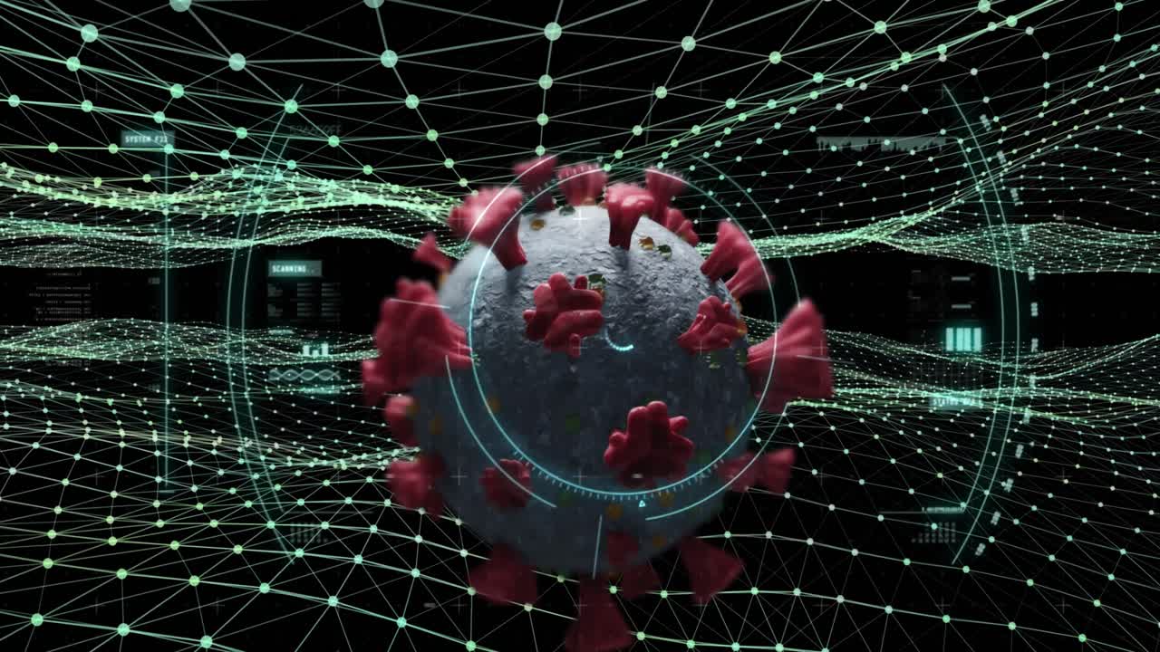 Animation of covid 19 cell with scope scanning and green mesh