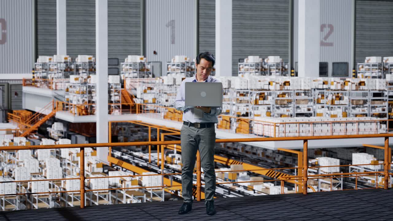 Warehouse worker reviewing inventory data on laptop