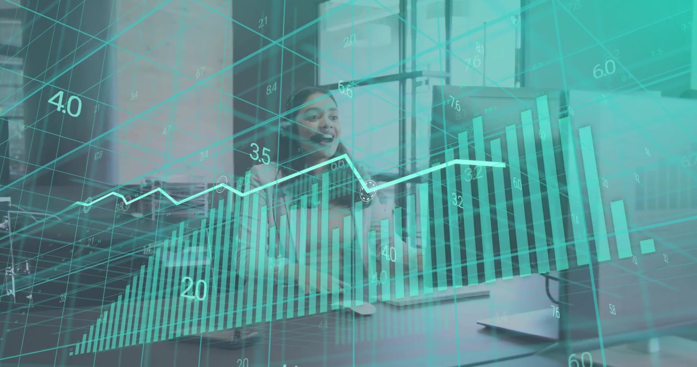 Analista donna che clicca il mouse e revisiona sovrapposizioni di grafici finanziari a barre e a linee per l'analisi delle tendenze