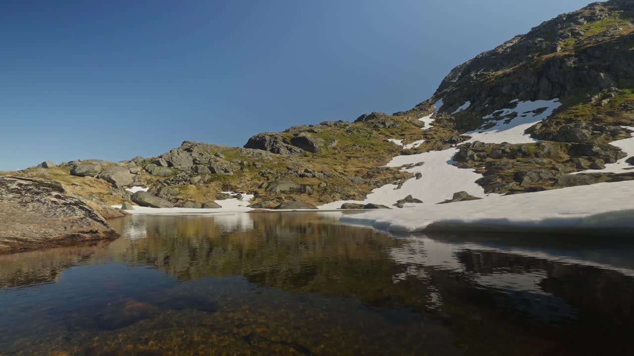 En halvtinad alpsjö med lugnt vatten reflekterar omgivande granitberg under en klarblå himmel i Lofoten, Norge, och fångar ett fridfullt övergångslandskap från vinter till vår.