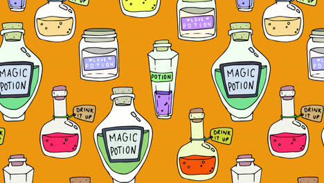 animation of bottles of macic potion over orange background