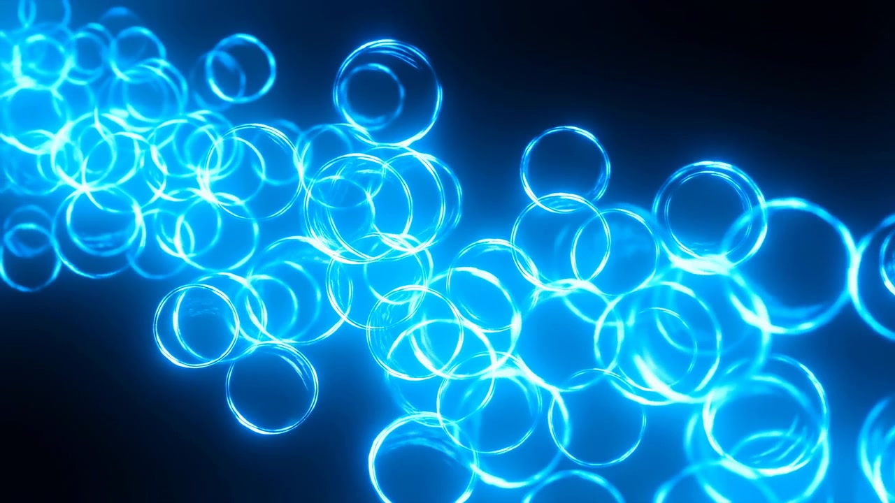 Dichte cyaan ringcontouren zweven diagonaal over een diepblauw verloop, creërend lichtgevende overlapping, zachte vervaging, elektrische glinstering, levendig contrast en een modern abstract energieveld, met neon, cyaan, blauw