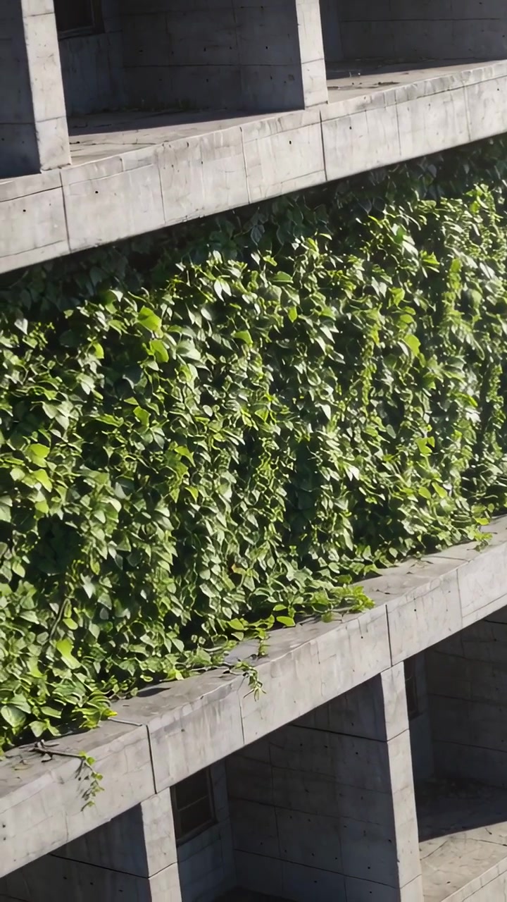 Vídeo vertical: Câmera portátil em movimento panorâmico filmando trepadeiras em uma laje de concreto, documentando o crescimento