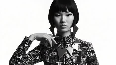striking monochrome portrait of a stylish model exuding confidence and elegance with fashionable accessories in a bold black and white aesthetic