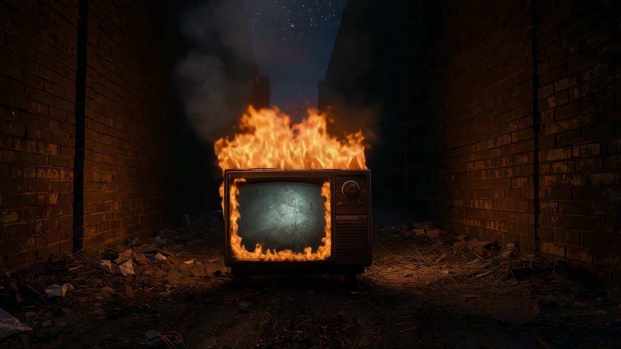 Flames bursting from vintage CRT television set, cascading fire and smoke in narrow brick alley