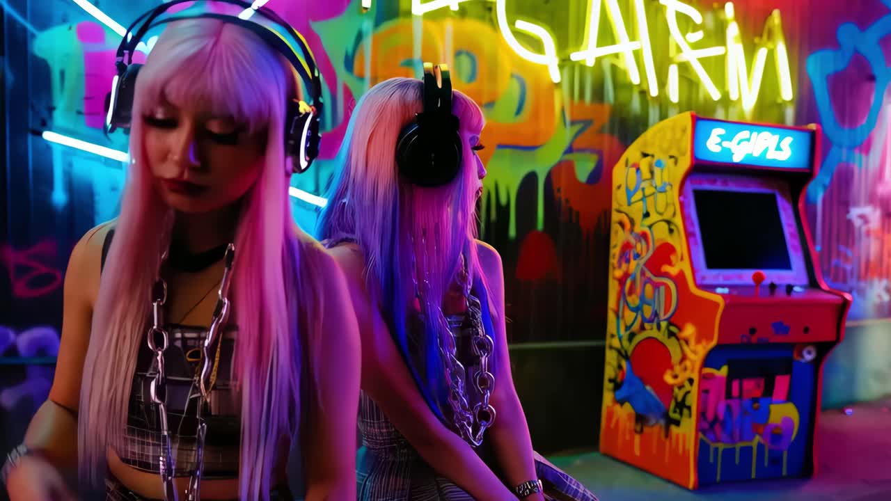 duas raparigas com fones de ouvido numa sala de jogos iluminada a neon